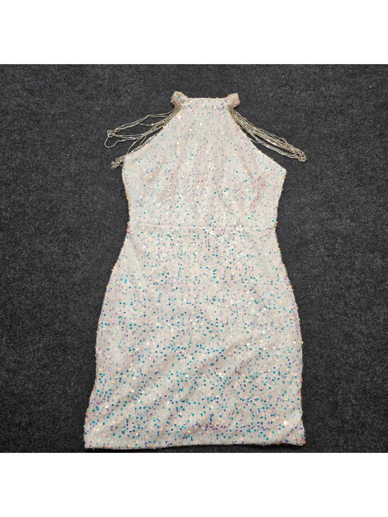 None Dresses & Skirts - White Sequin Halter Mini Dress L Bridal Shower Reception Party Rhinestone